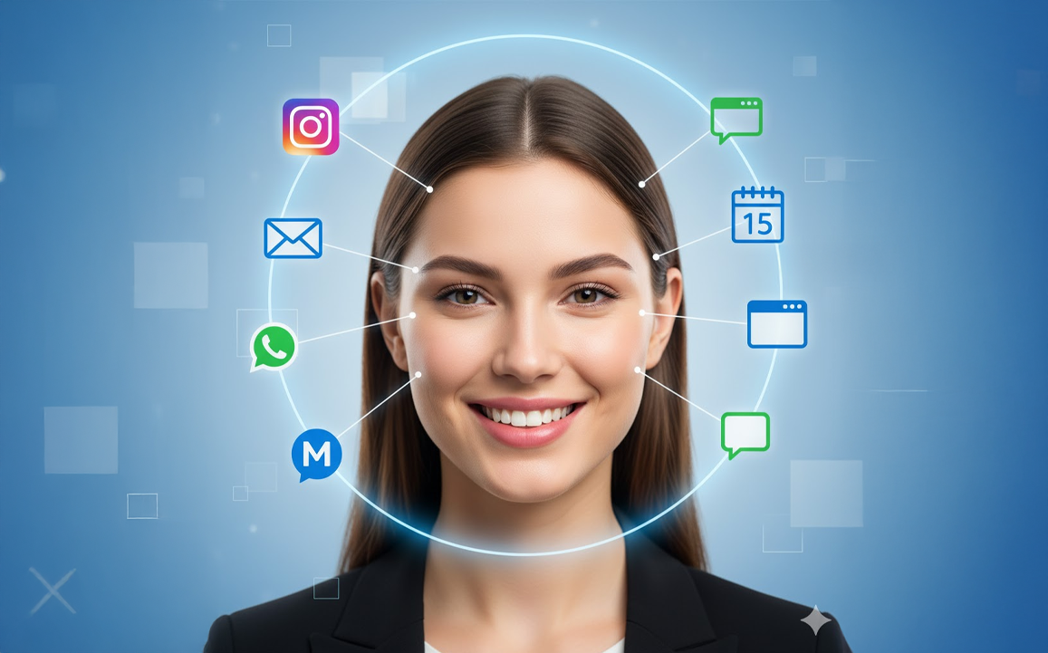 Profissional utilizando agentes de IA para atendimento multicanal no WhatsApp, Instagram e redes sociais