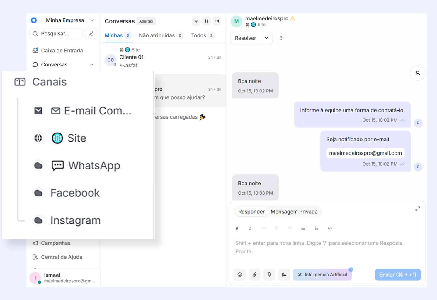 Sistema de atendimento T4 Business - Interface de conversas